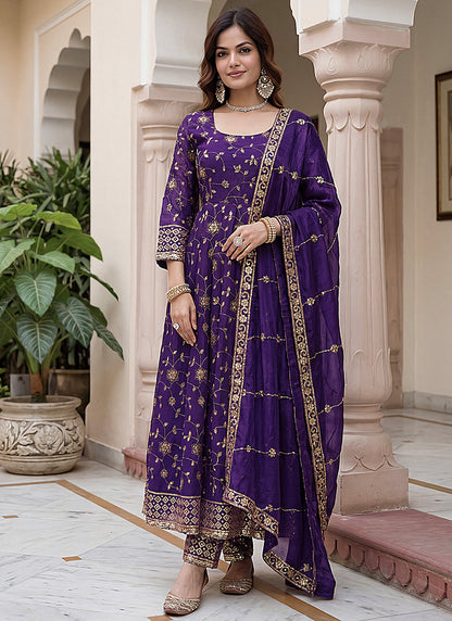 Wine Silk Embroidery Work Occasional Wear Readymade Anarkali Suit SW899276