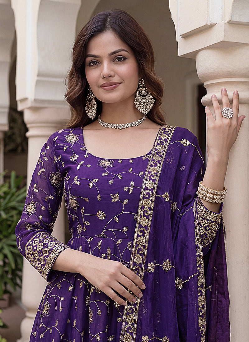 Wine Silk Embroidery Work Occasional Wear Readymade Anarkali Suit SW899276