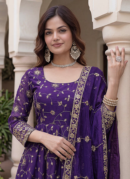 Wine Silk Embroidery Work Occasional Wear Readymade Anarkali Suit SW899276