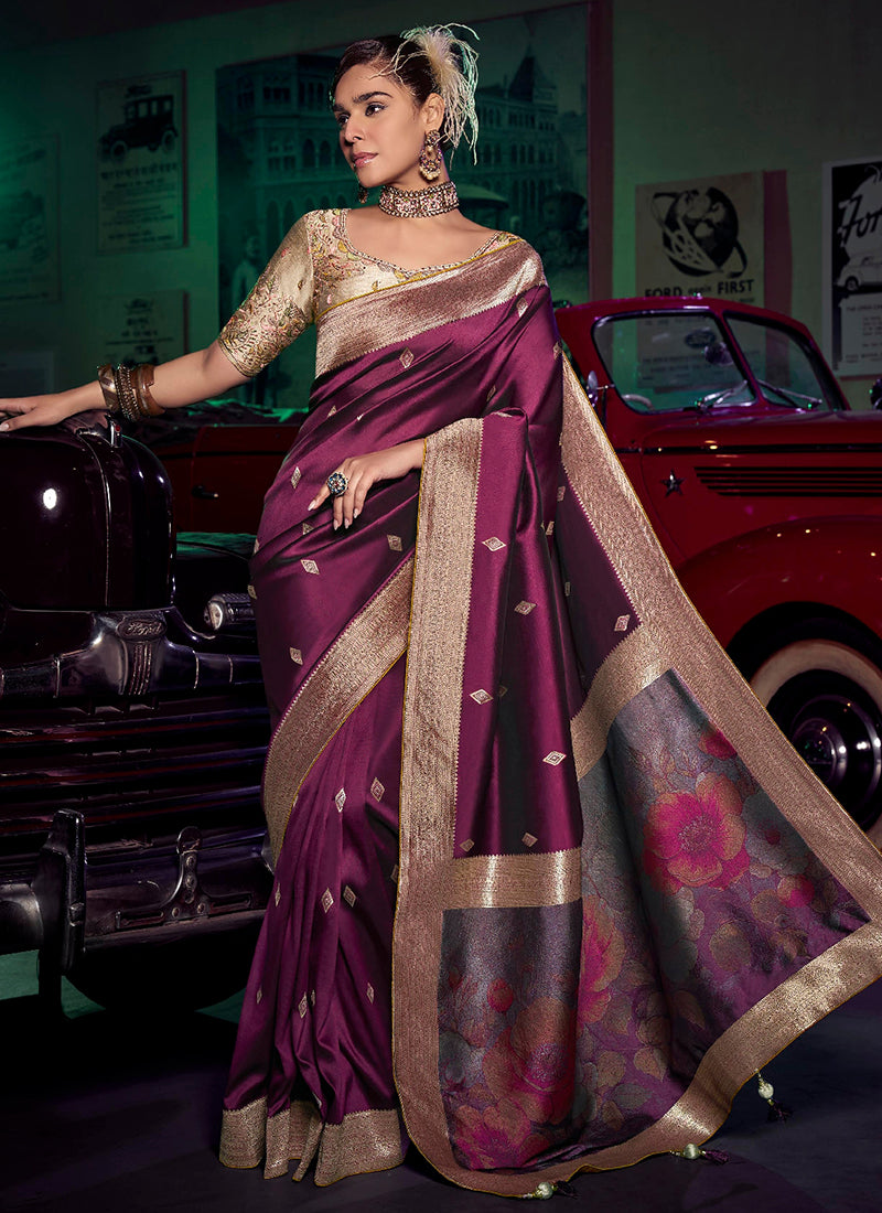 Silk Wine Saree with Embroidery Work for Party Wear 383033