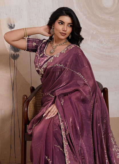 Wine Velvet Satin Beads Work Party Wear Saree SW293452