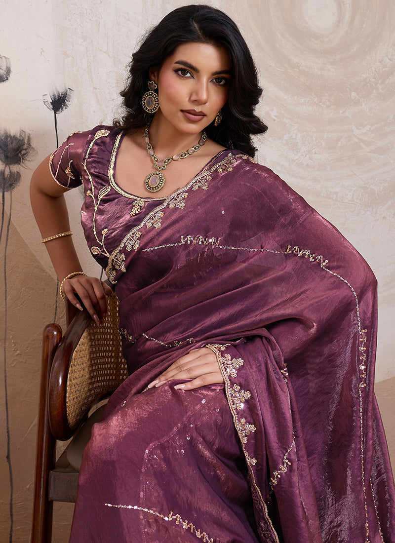 Wine Velvet Satin Beads Work Party Wear Saree SW293452