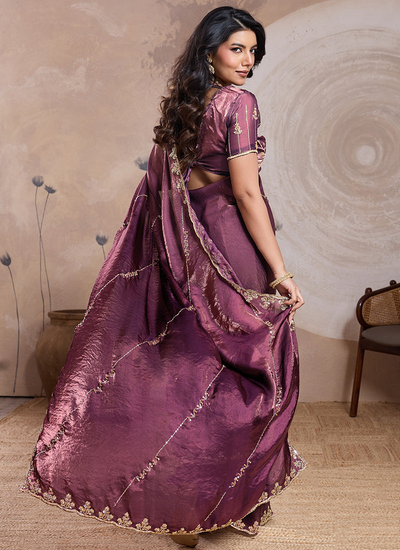 Wine Velvet Satin Beads Work Party Wear Saree SW293452