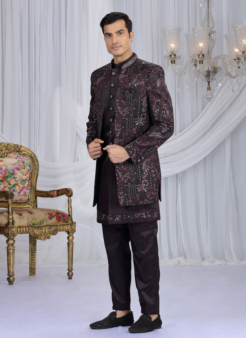 Velvet Silk Wine Wedding Wear Computer Thread Work Readymade Indo Western Sherwani 386030
