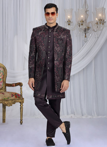 Velvet Silk Wine Wedding Wear Computer Thread Work Readymade Indo Western Sherwani 386030