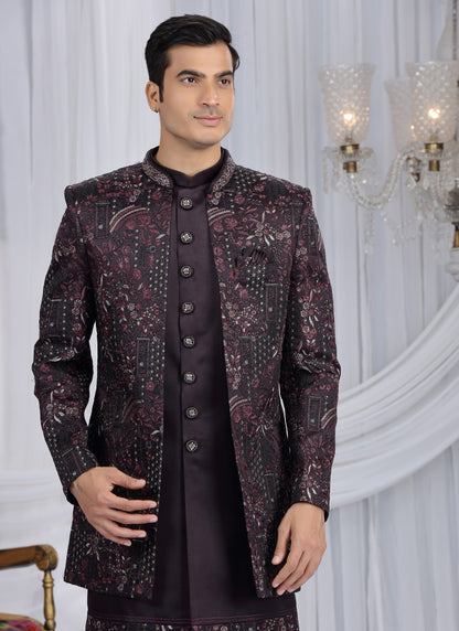 Velvet Silk Wine Wedding Wear Computer Thread Work Readymade Indo Western Sherwani 386030