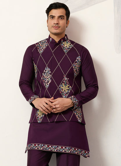 Viscose Art Silk Wine Festival Wear Sequins Embroidery Work Readymade Modi Jacket Kurta Pajama 388649