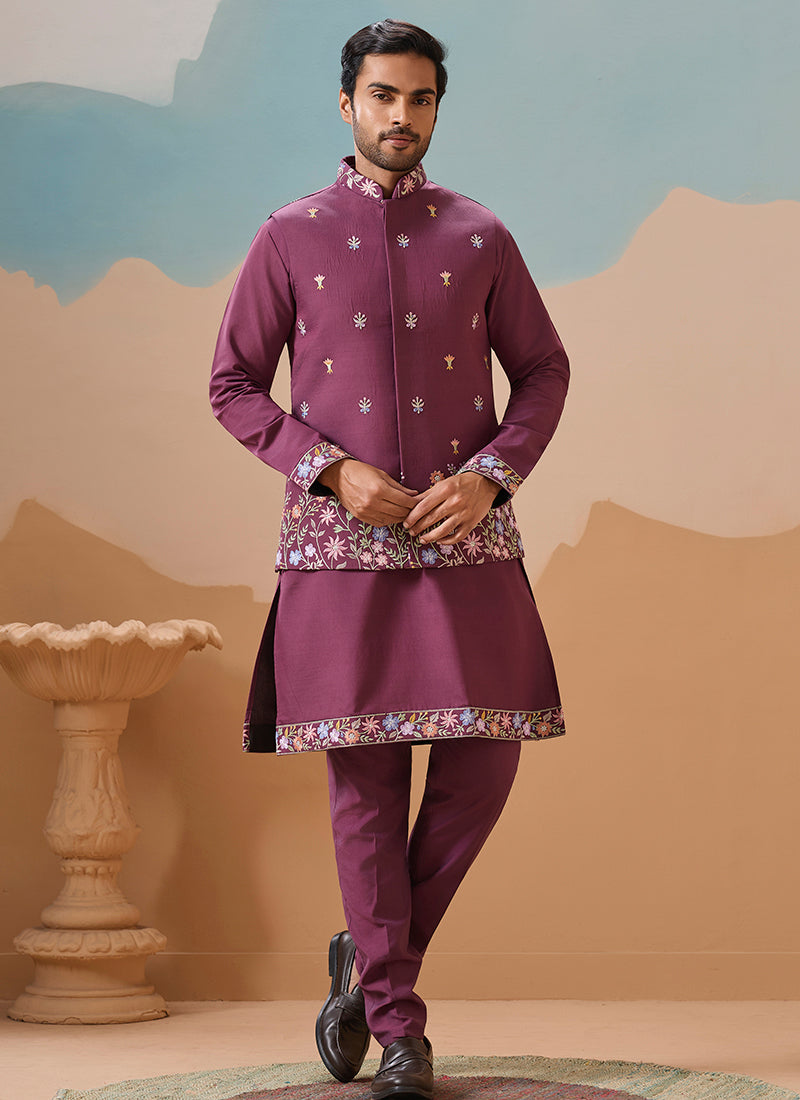Viscose Silk Wine Festival Wear Embroidery Work Readymade Modi Jacket Kurta Pajama 385579