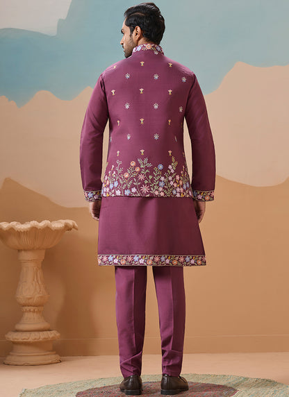 Viscose Silk Wine Festival Wear Embroidery Work Readymade Modi Jacket Kurta Pajama 385579