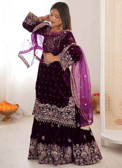 Wine Viscose Velvet Embroidery Work Festival Wear Readymade Sharara Suit SW615775