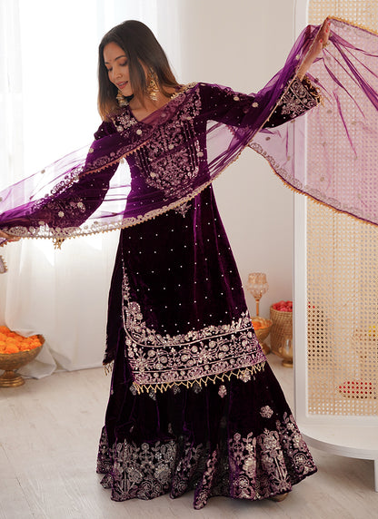 Wine Viscose Velvet Embroidery Work Festival Wear Readymade Sharara Suit SW615775