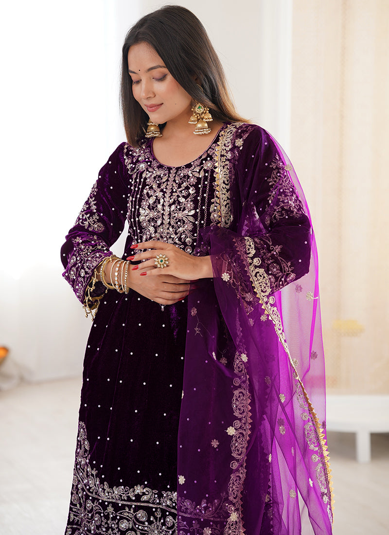 Wine Viscose Velvet Embroidery Work Festival Wear Readymade Sharara Suit SW615775