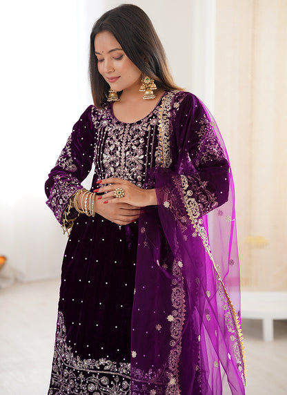Wine Viscose Velvet Embroidery Work Festival Wear Readymade Sharara Suit SW615775
