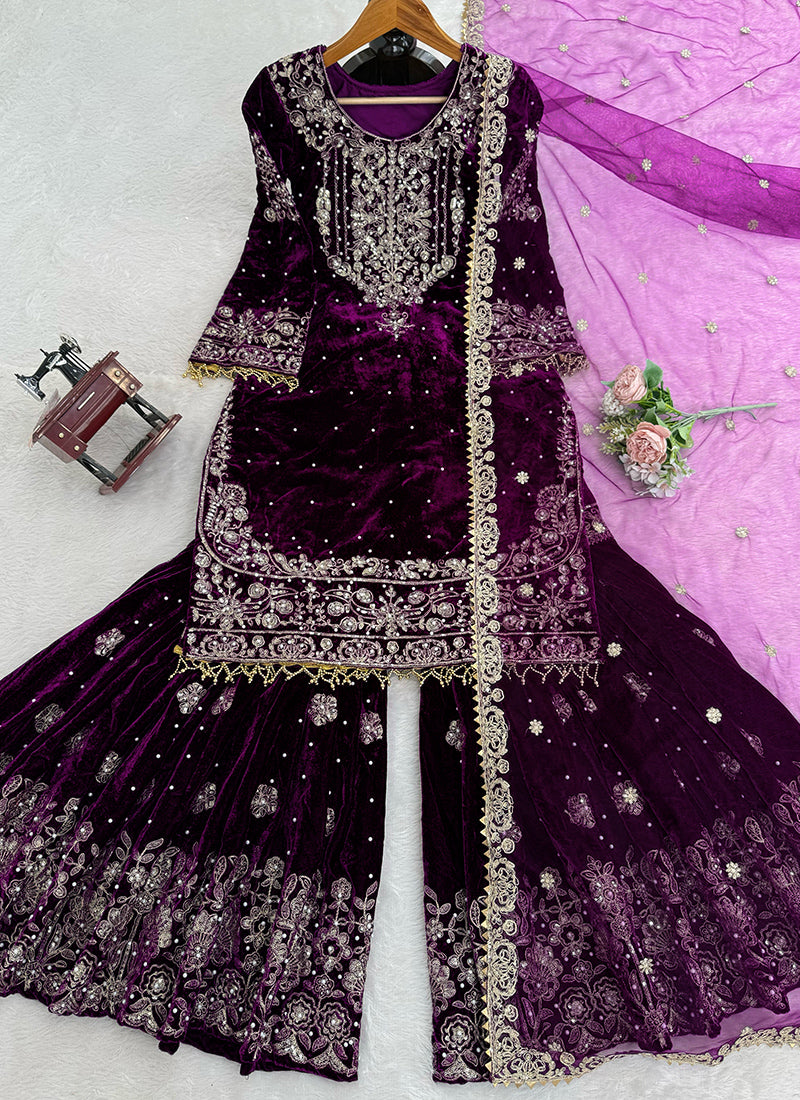 Wine Viscose Velvet Embroidery Work Festival Wear Readymade Sharara Suit SW615775