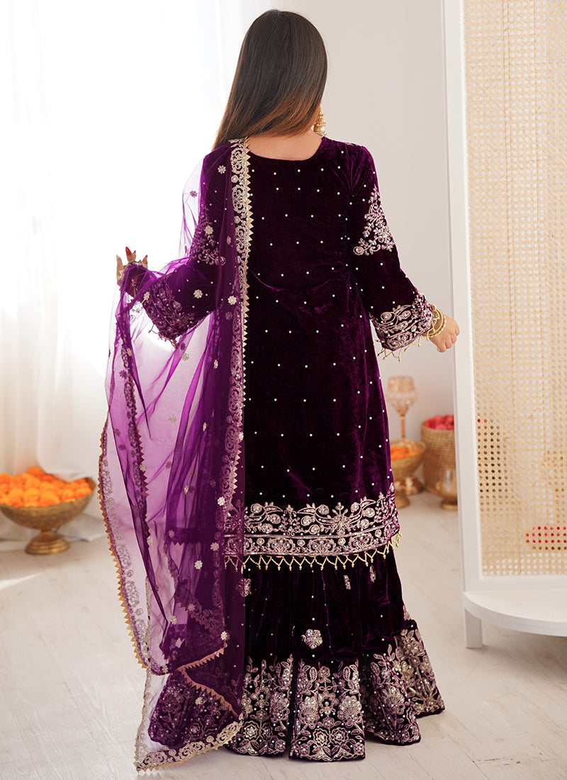 Wine Viscose Velvet Embroidery Work Festival Wear Readymade Sharara Suit SW615775