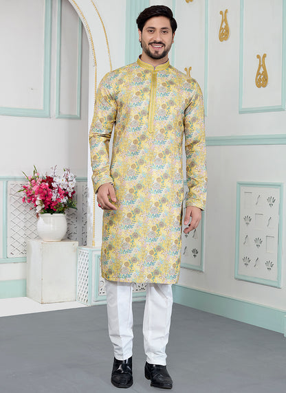 Yellow Art Silk Pintux Eid Wear Readymade Kurta Pajama SW646315