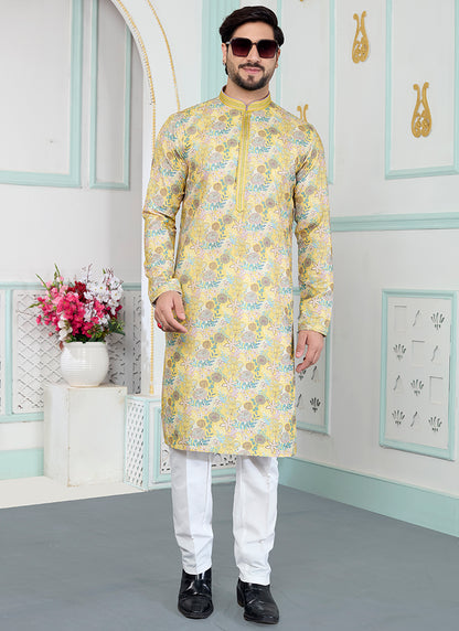 Yellow Art Silk Pintux Eid Wear Readymade Kurta Pajama SW646315