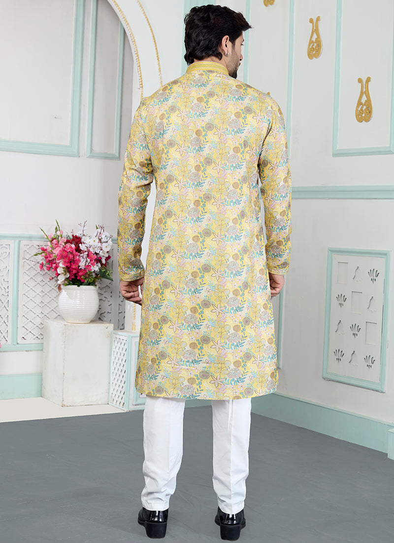 Yellow Art Silk Pintux Eid Wear Readymade Kurta Pajama SW646315