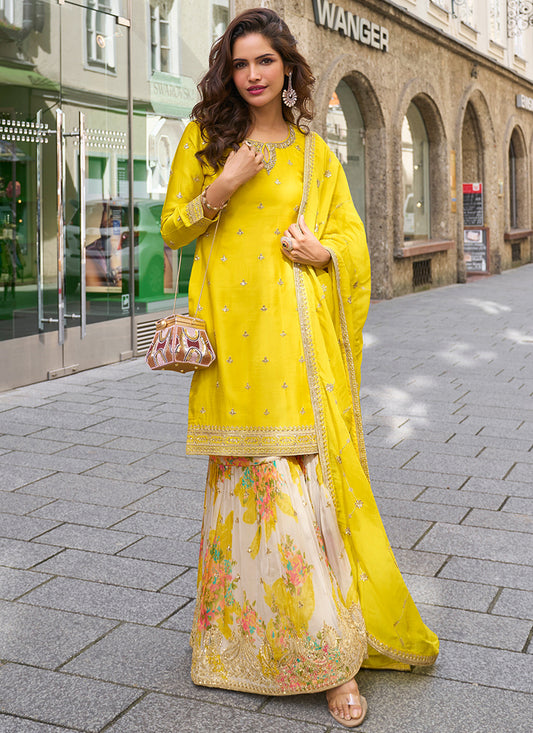 Yellow Chinon Sequins Work  Occasional Wear Sharara Suit SW704278