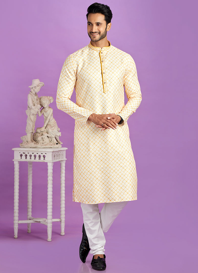 Yellow Cotton Pintux Work Festival Wear Readymade Kurta Pajama SW965287
