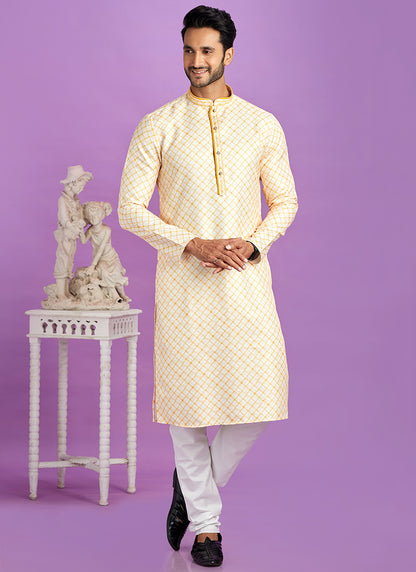 Yellow Cotton Pintux Work Festival Wear Readymade Kurta Pajama SW965287