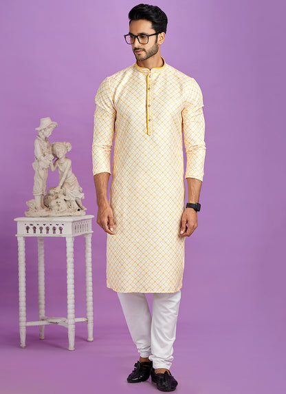 Yellow Cotton Pintux Work Festival Wear Readymade Kurta Pajama SW965287