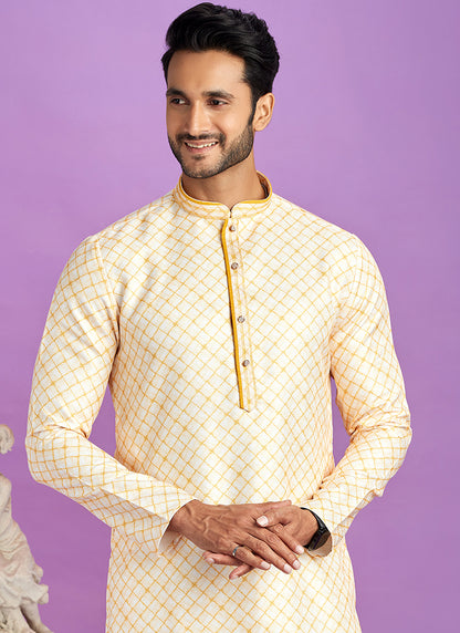 Yellow Cotton Pintux Work Festival Wear Readymade Kurta Pajama SW965287
