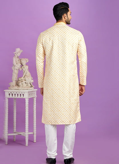 Yellow Cotton Pintux Work Festival Wear Readymade Kurta Pajama SW965287