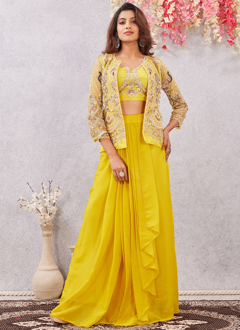 Yellow Fendy Silk Sequins Work  Party Wear Designer Suit SW481983