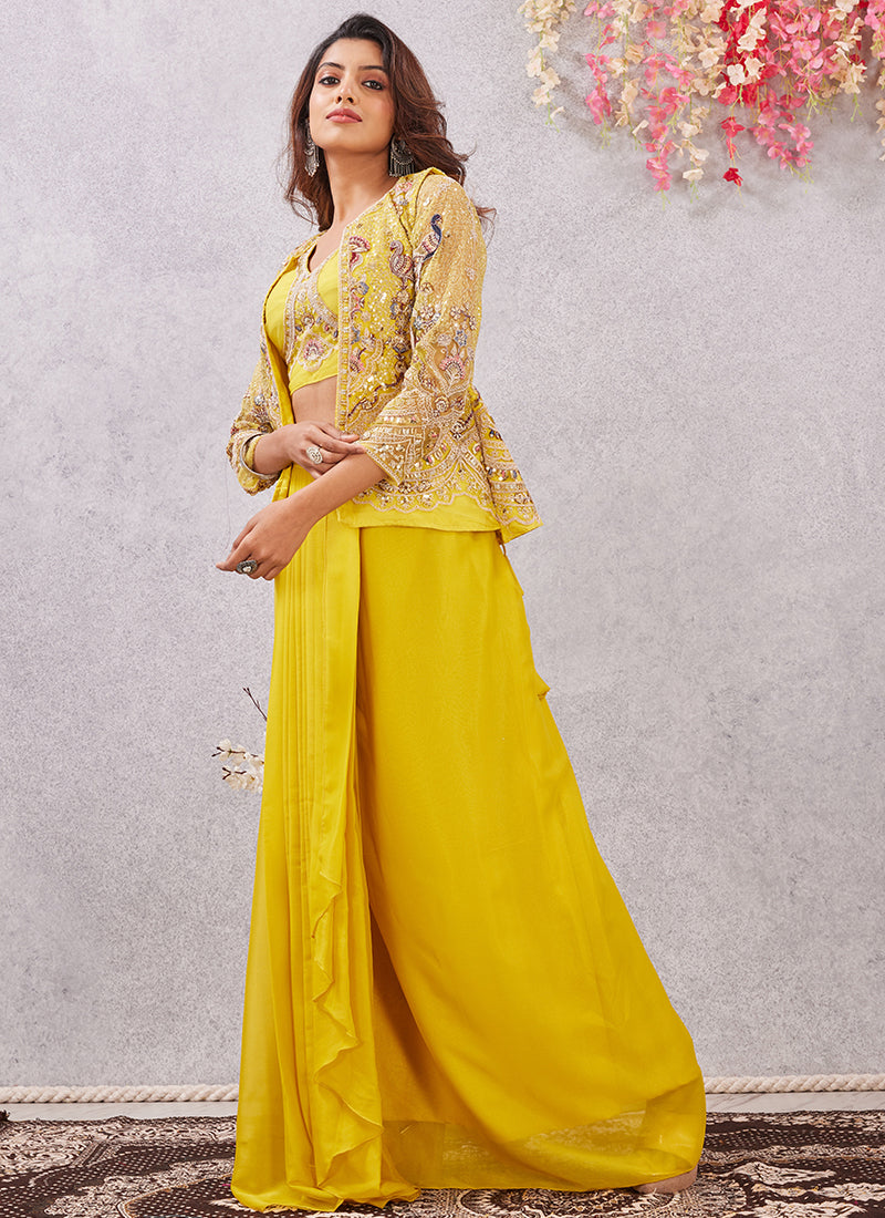 Yellow Fendy Silk Sequins Work  Party Wear Designer Suit SW481983