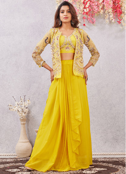 Yellow Fendy Silk Sequins Work  Party Wear Designer Suit SW481983