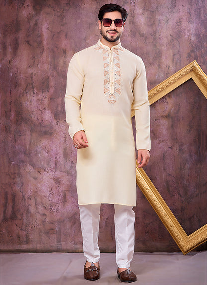 Yellow Linen Cotton Embroidery Work Occasional Wear Readymade Kurta Pajama SW748672