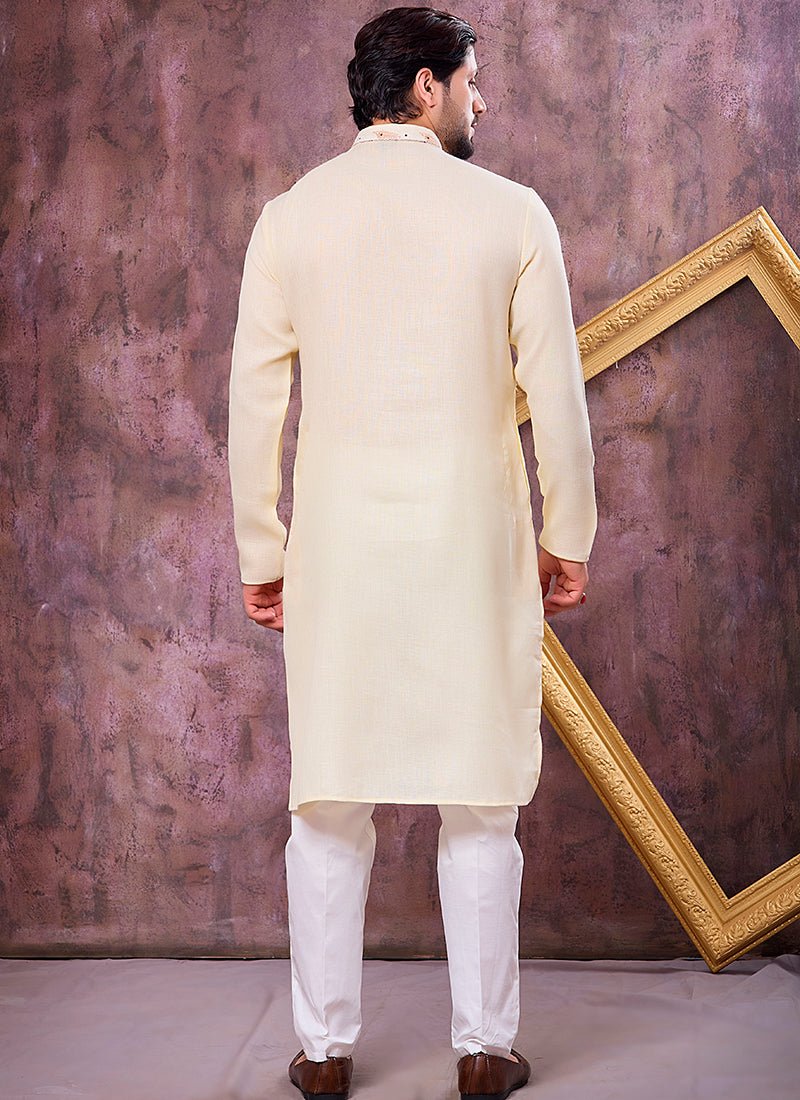 Yellow Linen Cotton Embroidery Work Occasional Wear Readymade Kurta Pajama SW748672