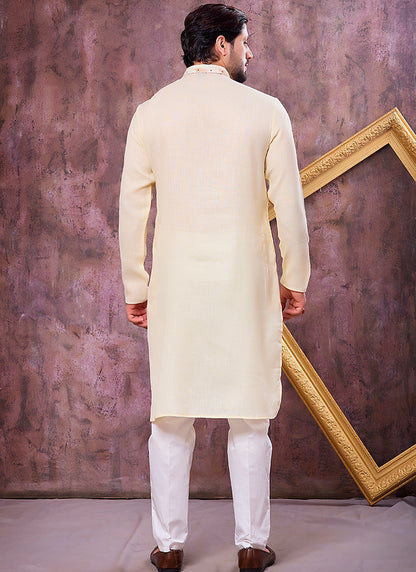 Yellow Linen Cotton Embroidery Work Occasional Wear Readymade Kurta Pajama SW748672