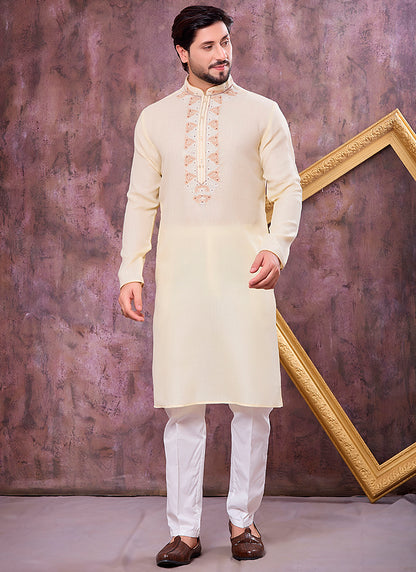 Yellow Linen Cotton Embroidery Work Occasional Wear Readymade Kurta Pajama SW748672