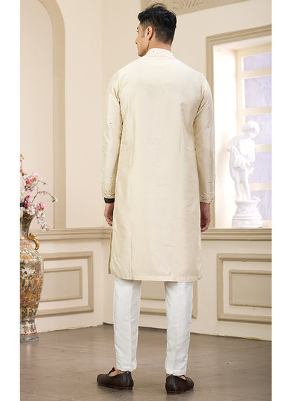 Trendy Yellow Banarasi Silk Kurta Pajama with Shimmering Sequins