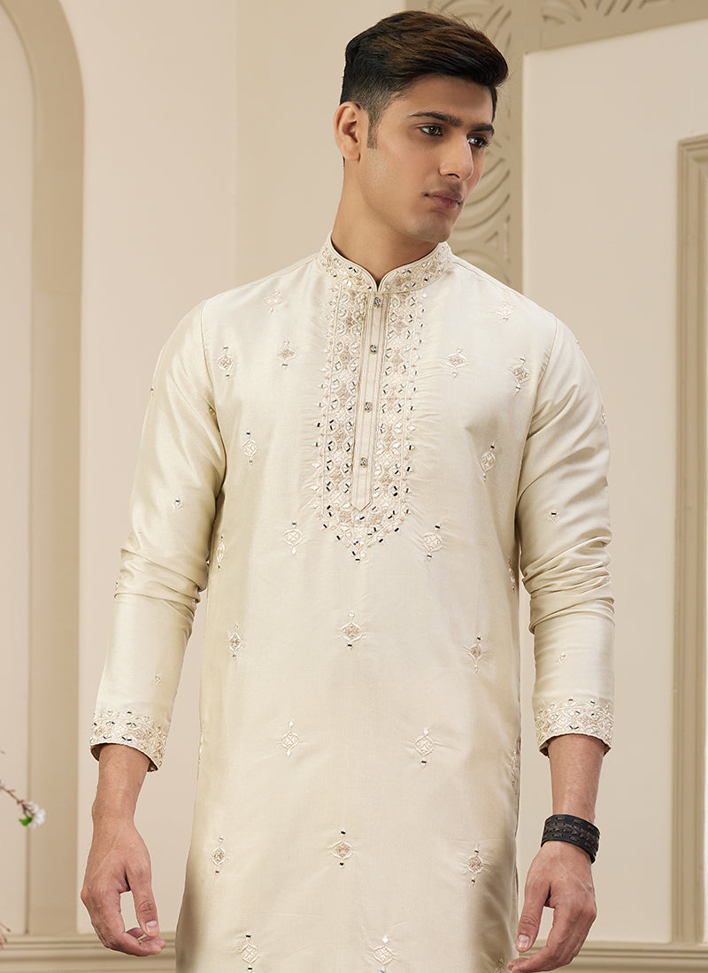 Trendy Yellow Banarasi Silk Kurta Pajama with Shimmering Sequins