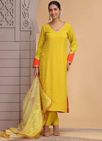Chiffon Yellow Festival Wear Pattern Pc Work Readymade Salwar Suit 386184