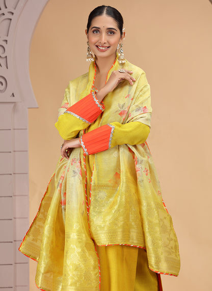 Chiffon Yellow Festival Wear Pattern Pc Work Readymade Salwar Suit 386184