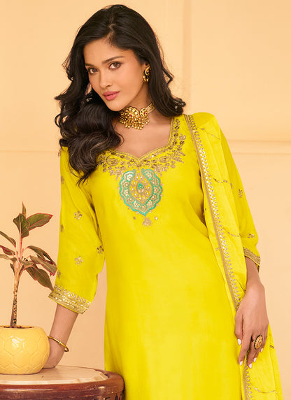 Chinnon Silk Yellow Festival Wear Embroidery Work Readymade Sharara Suit 384911