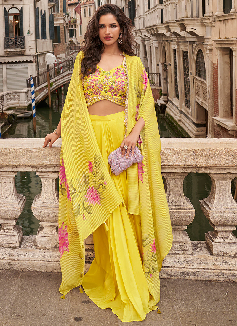 Chinnon Silk Yellow Party Wear with Embroidery Work Readymade Indo Western Plazzo Suit 385437