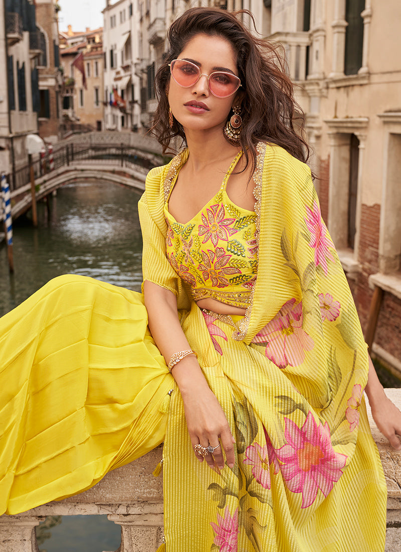 Chinnon Silk Yellow Party Wear with Embroidery Work Readymade Indo Western Plazzo Suit 385437