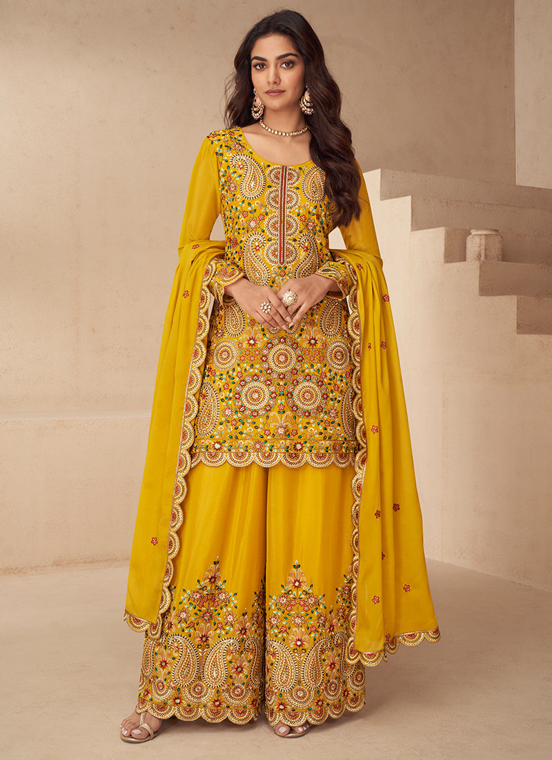 Chinnon Yellow Wedding Wear Emroidery Work Readymade Plazzo Suit 385059