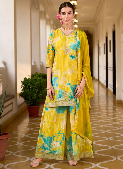 Yellow Chinon Digital Print Work Casual Wear Readymade Plazzo Suit SW960253