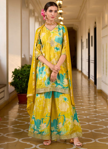 Yellow Chinon Digital Print Work Casual Wear Readymade Plazzo Suit SW960253