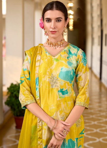 Yellow Chinon Digital Print Work Casual Wear Readymade Plazzo Suit SW960253