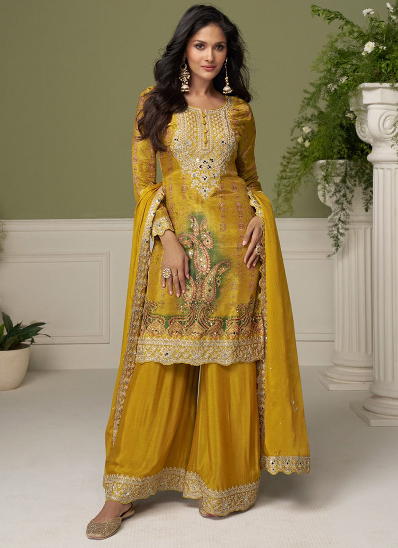 Yellow Chinon Embroidery Work Festival Wear Readymade Plazzo Suit SW862246