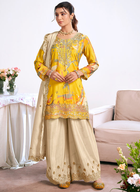 Yellow Chinon Embroidery Work Festival Wear Readymade Plazzo Suit SW196781