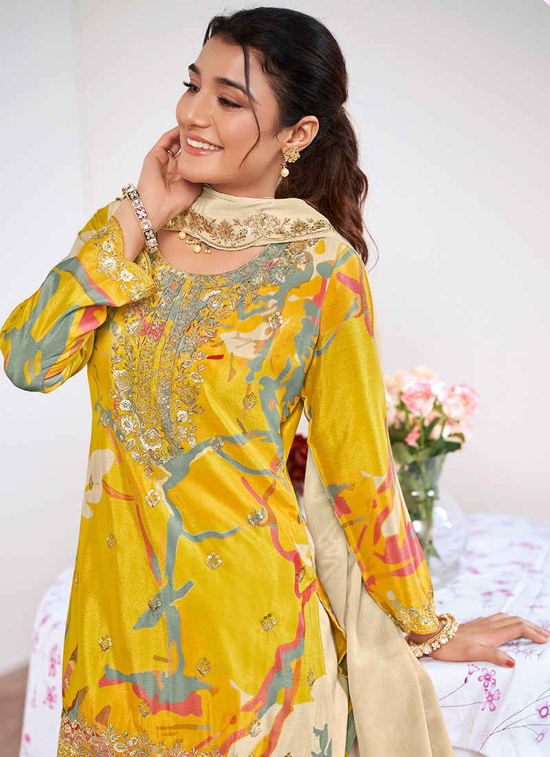 Yellow Chinon Embroidery Work Festival Wear Readymade Plazzo Suit SW196781
