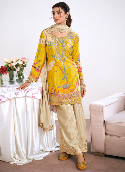 Yellow Chinon Embroidery Work Festival Wear Readymade Plazzo Suit SW196781